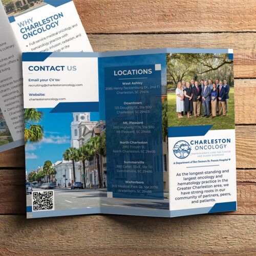 Charleston Oncology printed brochure panels showing practice locations and provider team photo