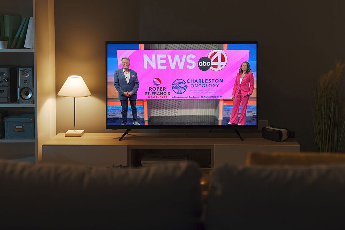 Charleston Oncology segment airing on ABC News 4 on a living room television