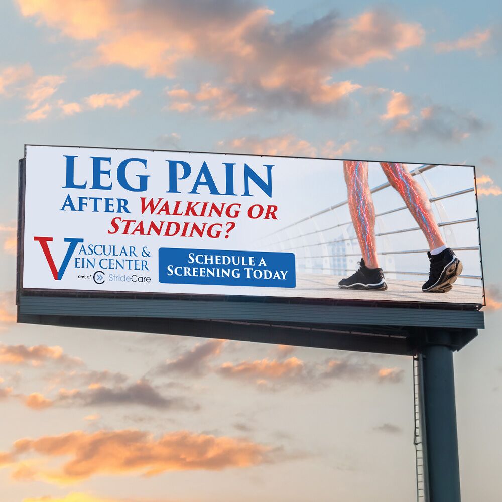 Vascular and Vein Center leg pain billboard against a sunset sky