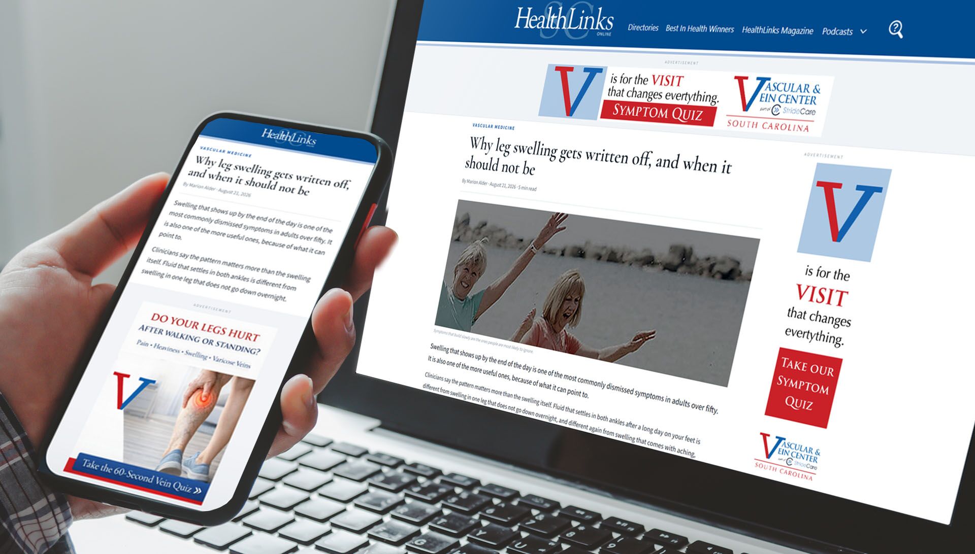Coastal Vascular and Vein Programmatic Ads Vascular and Vein Center display ads running alongside a HealthLinks article on desktop and mobile