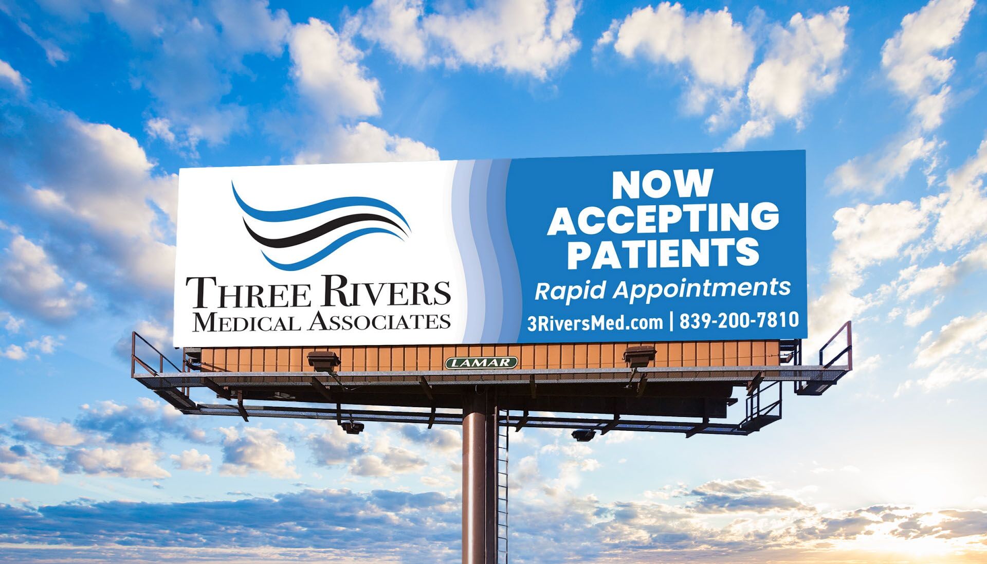 Three Rivers Medical Associates billboard announcing the practice is now accepting new patients
