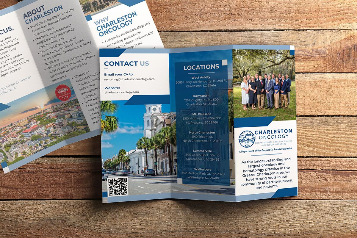Charleston Oncology tri-fold brochure opened to show locations, contact details, and a staff group photo