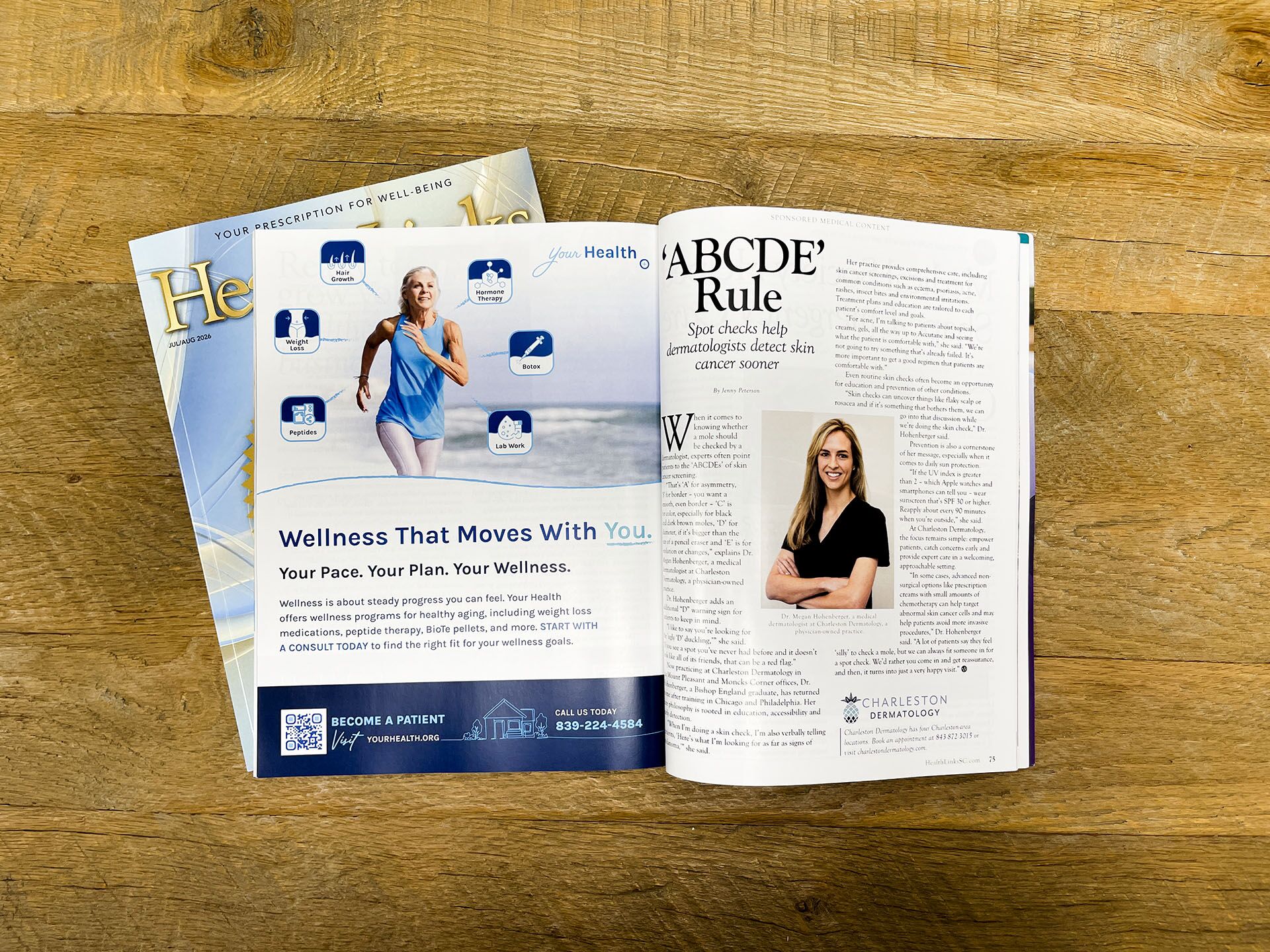 HealthLinks Magazine opened to a dermatology article on the ABCDE rule for detecting skin cancer