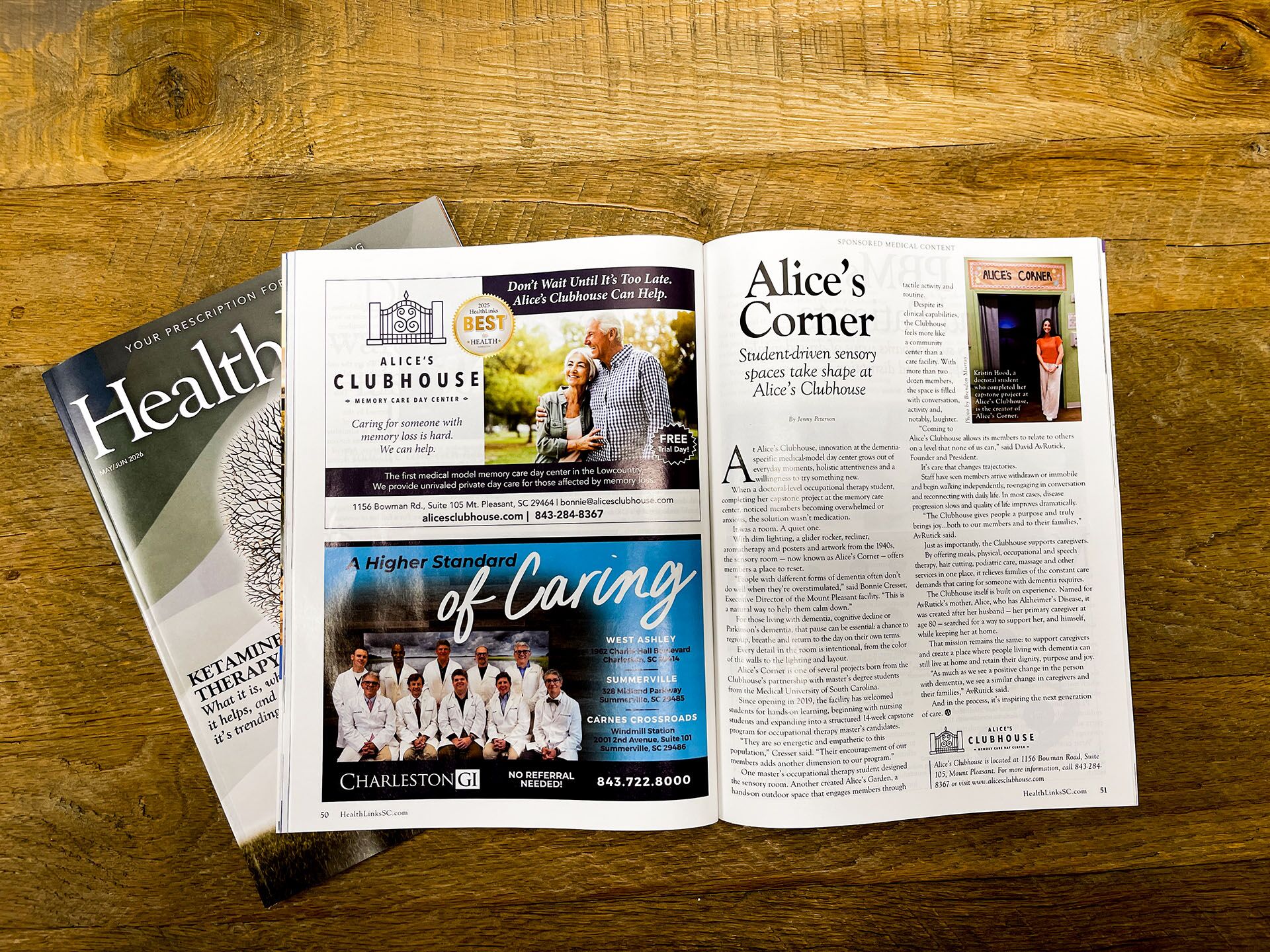 HealthLinks Magazine spread featuring an Alice's Clubhouse advertisement and the Alice's Corner column