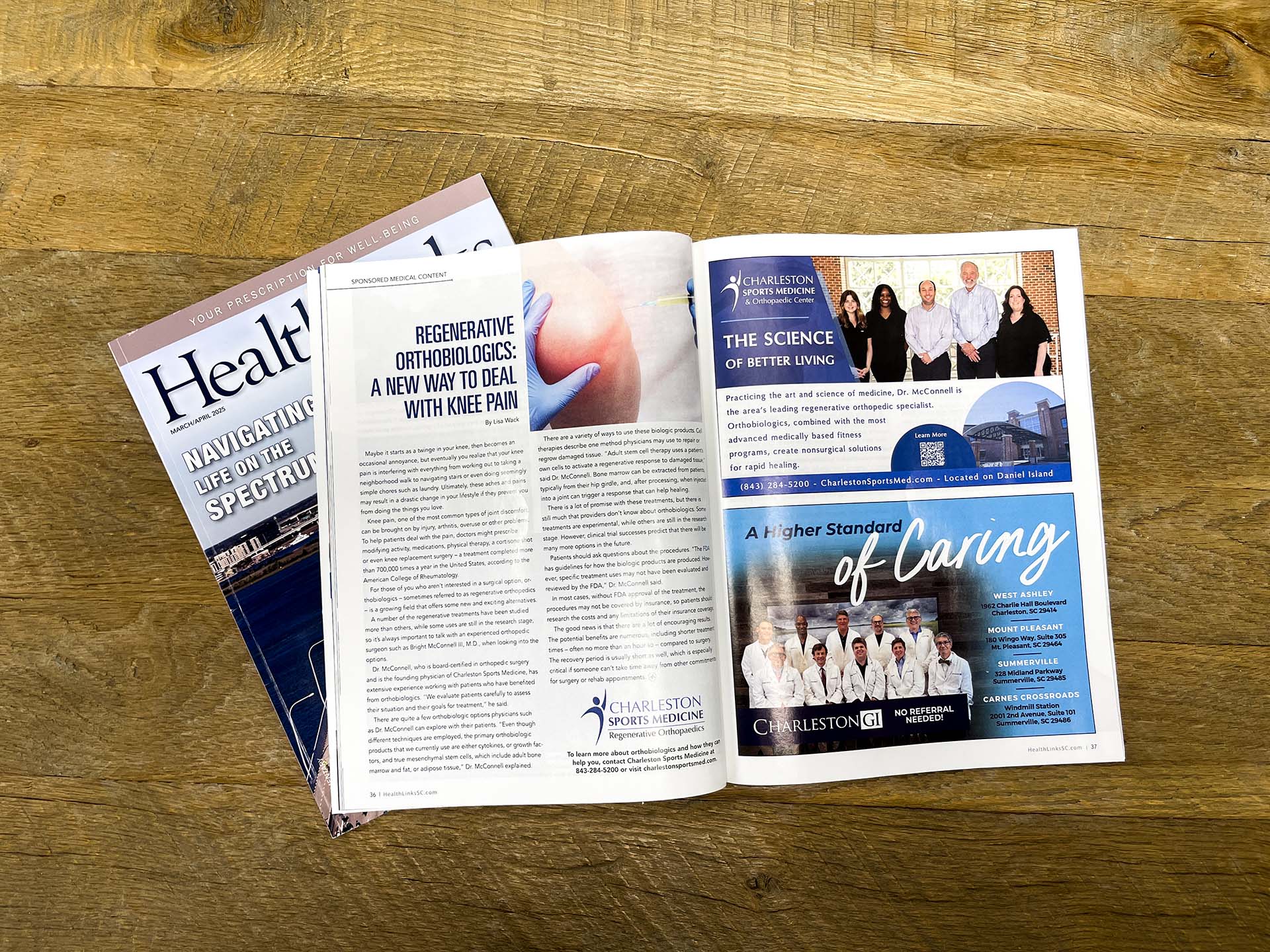HealthLinks Magazine spread on regenerative orthobiologics for knee pain with a sports medicine advertisement