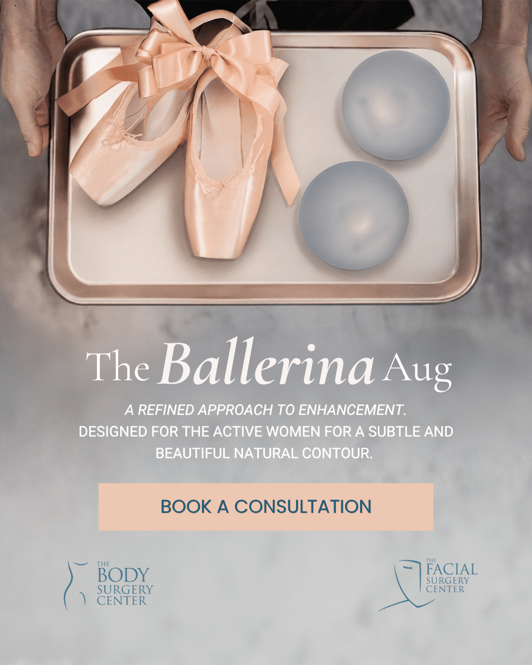 Body Surgery Center social post for The Ballerina augmentation with ballet shoes and implants on a tray